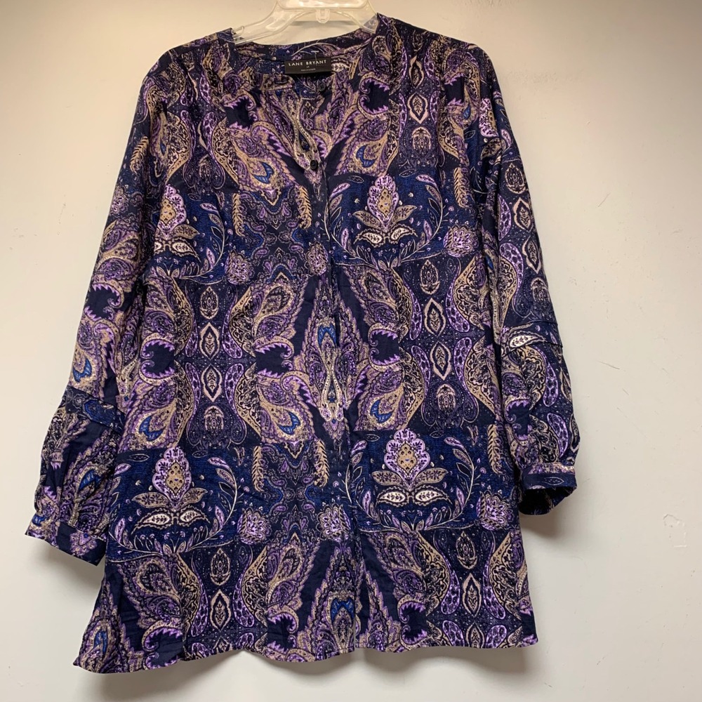 Lane Bryant Blouse Women 14 Purple Excellent Paisley Cotton Tunic Long Sleeve